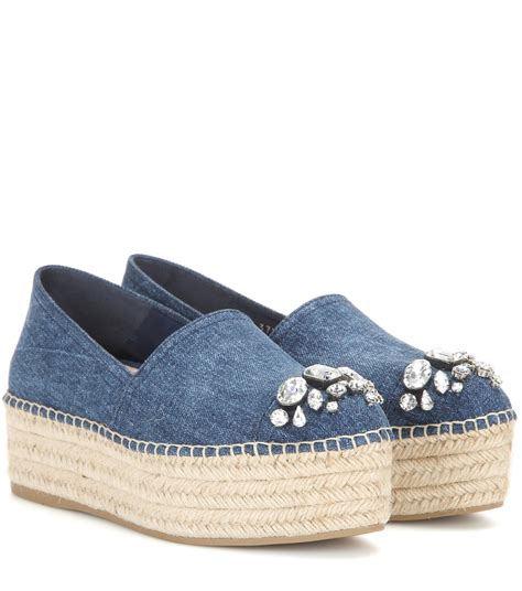 miu miu embellished denim platform espadrilles|Miu Miu Embellished Denim Platform Espadrilles In Bleu.